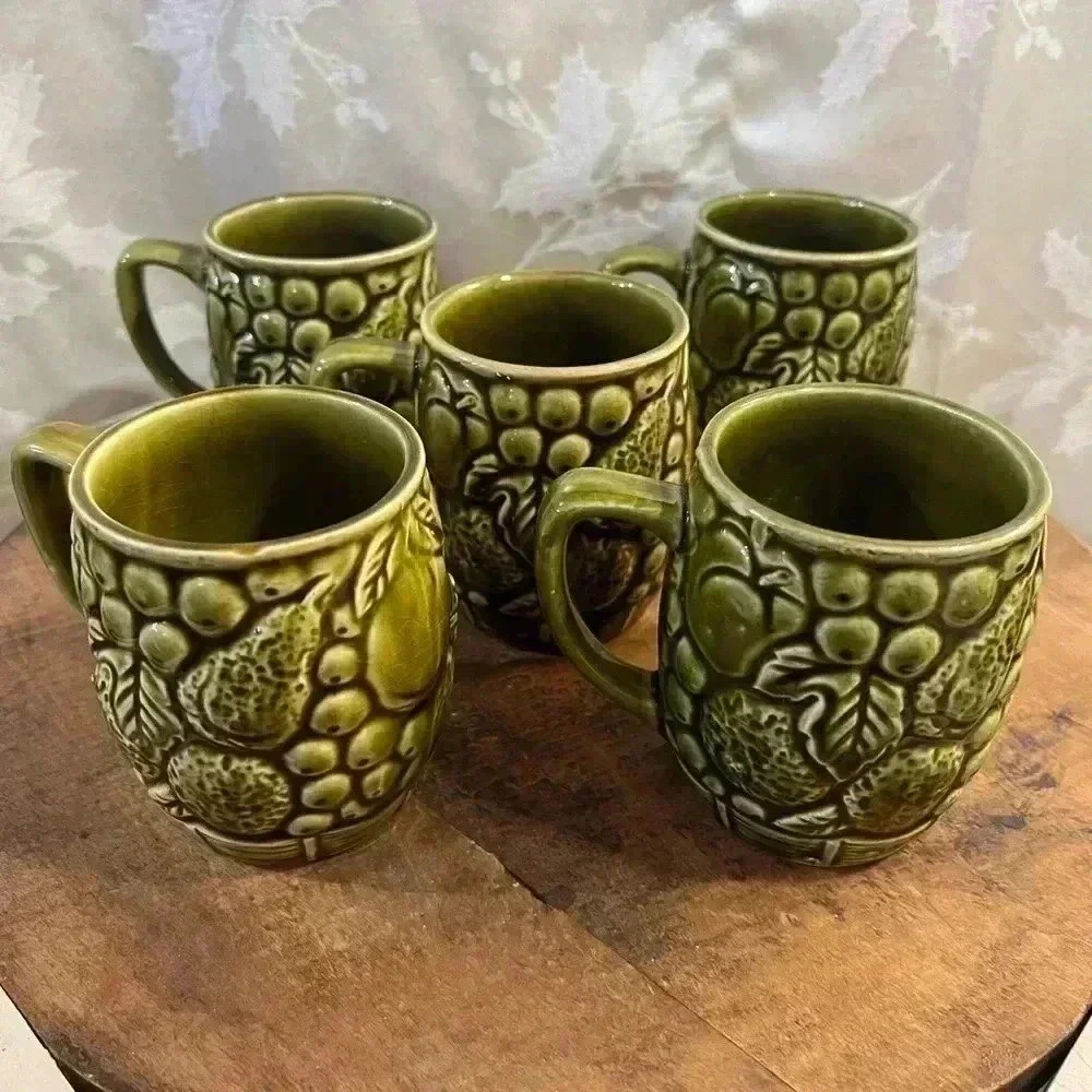 Vintage Olive Avocado Green Fruit Basket Ceramic Mug-Marked Japan Set of 5